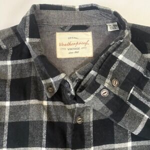 Weatherproof Vintage Mens XXL Plaid Flannel Shirt Black Gray Button Up Long Slv.